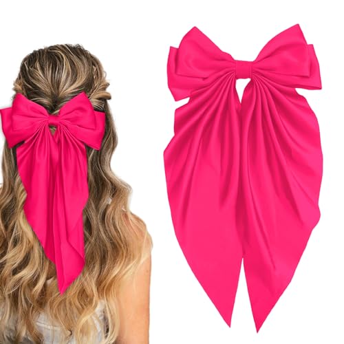 Ribbon Hair Clip Barrettes for Women and Girls - Pink Satin Hair Bows and Accessories Christmas Gift (Rose)