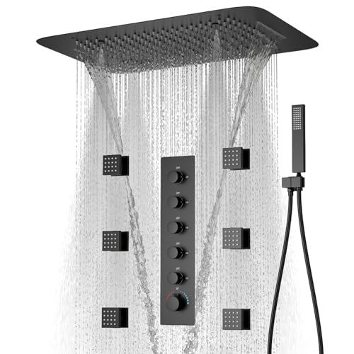 WHSHOWER Matte Black Shower System Ceiling Shower Faucet Set with 6PCS Body Jets, 5-Function Thermostatic Shower valve,16 * 24 Inch Shower Head and Handheld Sprayer