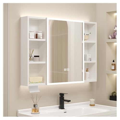 Armario con espejo de baño con iluminación LED, unidad de almacenamiento de baño, botiquín con desempañador, elegante espejo de baño con estantes, diseño que ahorra espacio