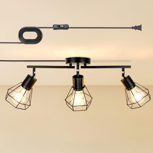 3-Light Plug-in Track Lighting with Rotatable Heads, Plug in Ceiling Light with 16.4ft Power Cord & Switch, LED Spotlight for Kitchen Cabinet Living Room Artwork, E26 Socket (Bulb Not Includ