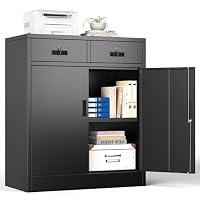 Aktenschrank, Mehrzweckschrank, Büroschrank mit 2 Türen, Schrank abschließbar, Aufbewahrungsschrank Stahl, 2 Schublade und 1 Verstellbarer Einlegeboden für Büro, Garage(Schwarz,90 * 80 * 40)