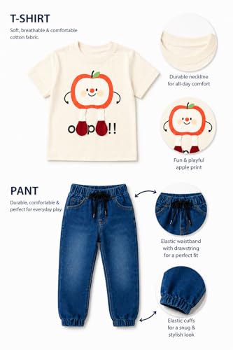 Image of Bold N Elegant Toddler Boys Clothing Set Apple Print T-Shirt with Denim Jogger Pants | Kids Casual Summer Outfit Set | Soft Cotton Tee & Elastic Waist Jeans