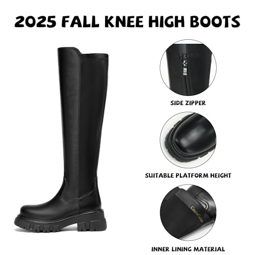 CouieCuies Women’s knee high Boots Platform Rounded Toe Lug Sole Tall Boots Comfortable Side Zipper Wide Calf Dress Long Boot for Women2