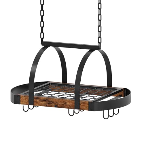 Ceiling Mounted Hanging Pot Rack with 12 S-Shaped Hooks, Rustic Brown & Black Cookware nizer, Space-Saving Kitchen Pot Hanger for Pots and Pans Storage
