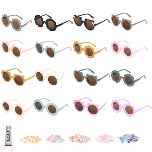 LADYGG 16 Pcs DIY Round Flower Sunglasses Baby Cute bear Colorful Eyewear with Five packs of randomized cute pattern patches for DIY