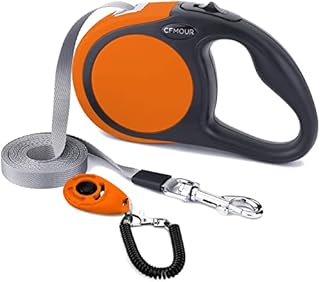 CFMOUR Retractable Dog Lead, 5m/20kg Orange Heavy-Duty Extendable Dog Leads for Small to Medium Dogs; Strong Nylon Tape Ribbon Leash, One-Button Brake&Lock, Bonus Training Clicker