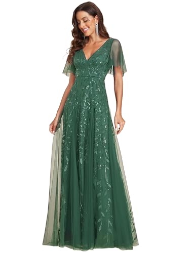 Ever-Pretty Damen A-Linie Abendkleider V-Ausschnitt Romantisches Kurze Ärmel Elegant Partykleid Lang Eukalyptus Grün 46
