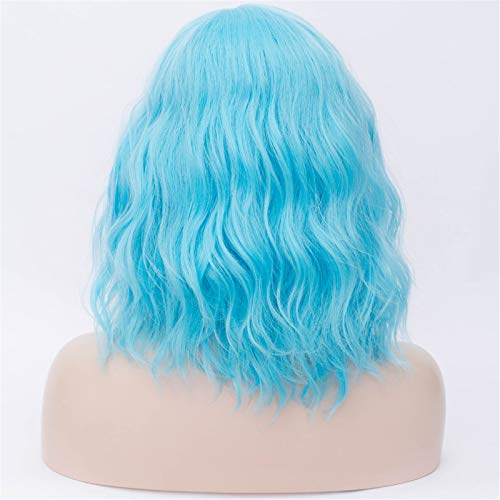 Cying Lin Short Bob Wavy Curly Wig Sky Blue Wig For Women Cosplay Halloween Wigs Heat Resistant Bob Party Wig Include Wig Cap (Sky blue) - Thumbnail 4