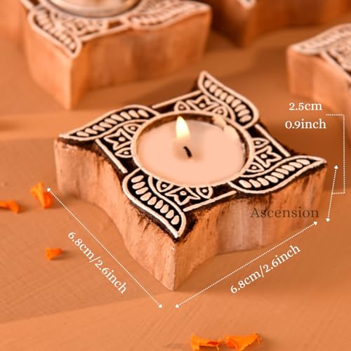 Image of Ascension Pack of 4 Wooden Swastik Shaped Tea Light Candle Holder Handmade Wooden Block Print Tealight Candle Stand Decorative Items For Puja Gifting Indoor Outdoor Diwali Decoration Home Office Decor