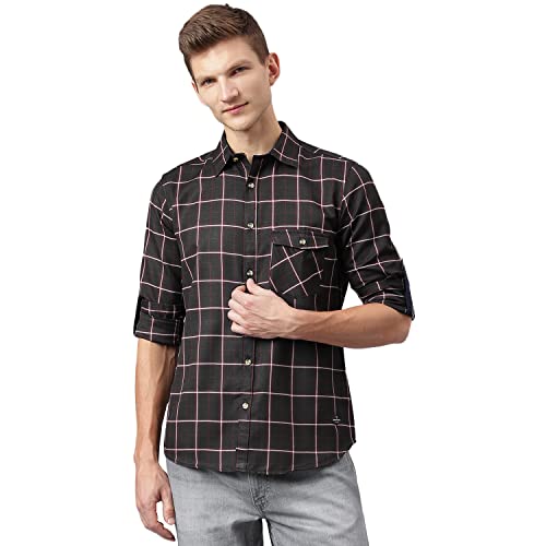 Image of Thomas Scott Men's Polyester Checkered Slim Fit Casual Shirt with Spread Collar and Long Sleeve (TS1045 Wood)