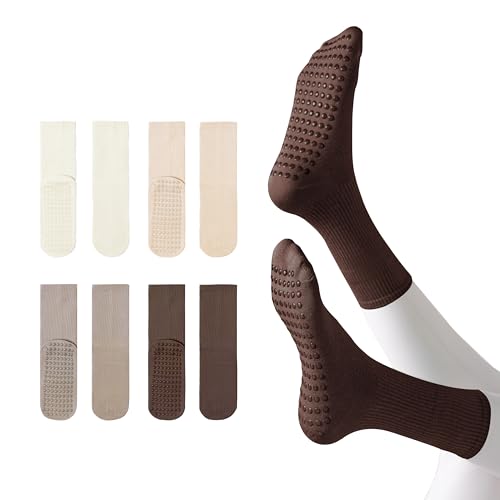 Yoga Grip Socks for Women Color Non Slip Sock for Pilates Barre Hospital Sticky Slipper Socks 4 Pairs brown