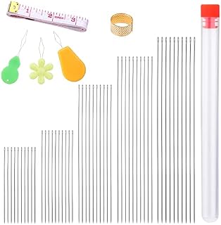 50 Pcs Beading Needles, 5 Size of Thin Beading Needles Big Eye Bead Needles, Long Straight Needles Bead Needles Hand Sewing Needles with Threader and Thimble for Jewelry Making (40~120mm)