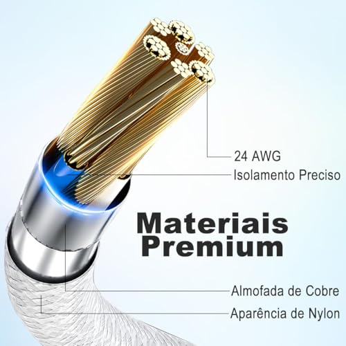 Cabo USB-C em nylon 2m Branco - 60W - Carregamento Rápido e Transmissão de Dados