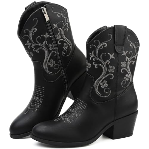Image of Cowboy Boots for Women Short Shaft Side Zip Embroidered | Almond toe block heel western style for country concert outfits for women cowgirl outfits for women and casual wear