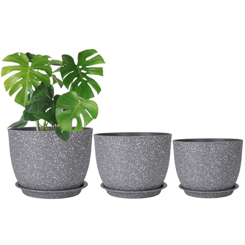 CSYY 25/23/20cm Plant Pots Indoor, Large Plastic Plant Pots, Flower Pots Outdoor Self Watering Indoor Plant Pot with Drainage Holes and Tray, Plastic Planter for Garden House Plants(Grey)