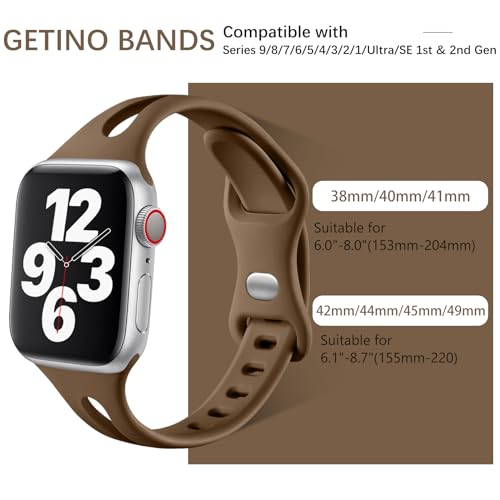 Image of Getino Compatible with Apple Watch Band 42mm 44mm 45mm 46mm 49mm iWatch Ultra Series 11 10 9 8 7 6 5 4 3 2 1 SE Women Durable Soft Silicone Slim Sport Watch Bands, Black /Dark Brown /Starlight /Milk Tea