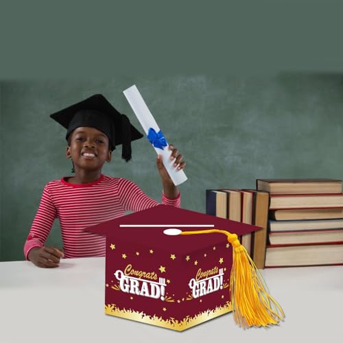 Image of 2026 Graduation Party Card Box, Maroon Gold Congrats Cap Card Holder Box with Tassel for 2026 Graduation Party Decorations