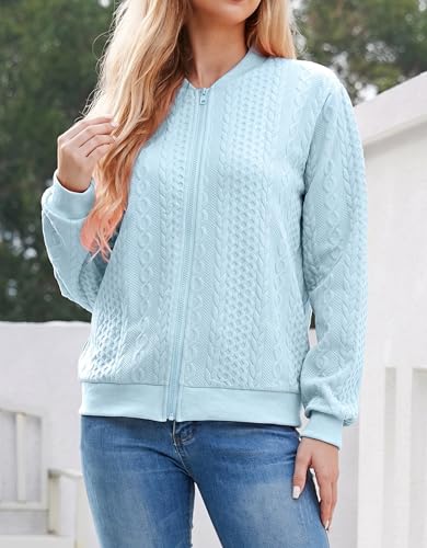 Image of WROLEM Women's Zip Up Cardigan Sweater Cable Hoodies Long Sleeve Jacket Outfits Crewneck Casual Coat