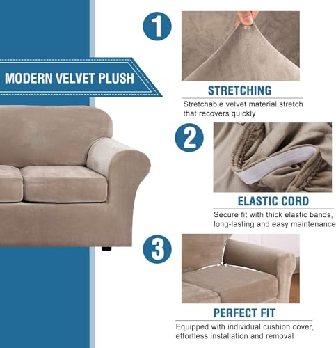 Housse canapé velours extensible 2 places taupe protège meuble - 4
