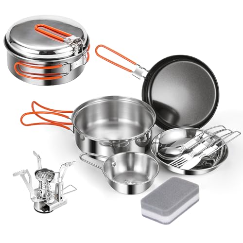 Odoland 10pcs Camping Geschirr Set mit klappbarem Campingkocher, keramisches Antihaft-Kochset mit Teller, Schüssel, Gabel, Messer, Löffel für Camping, Rucksacktourismus, Wandern...