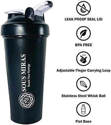 SOUS MIRAS Protein Shaker Bottle, Leak Proof Drinks Shake Cup for Gym or Fitness Sports, Protein Supplements Shake, Blender Mixer Bottle with Stainless Steel Metal Mixture Ball (600ml/700ml) - Black