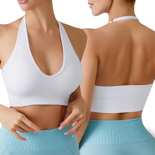 Sujetador Deportivo Mujer sin Espalda Sexy Halter Deporte Bra con Relleno Confort Soporte de Impacto Medio para Yoga Fitness Correr