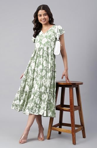 Image of Janasya Women's Georgette Printed Flared Western Dress