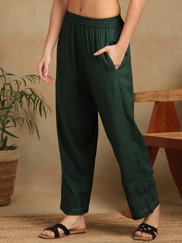 Image of Lucknowi Chikankari Floral motifs Embroidered Liva Green Straight Kurta with Palazzo For Women