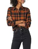 Goodthreads Damen Hemd aus gebürstetem Flanell mit überschnittenen Schultern, Braun, Schottenkaros, L