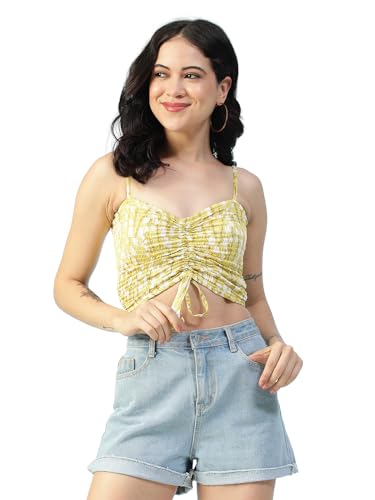 Image of oxolloxo Women Satin Chiffon Print V-Neck Smocked Shoulder Strap Sleeveless Tie-Up Detail Crop Top