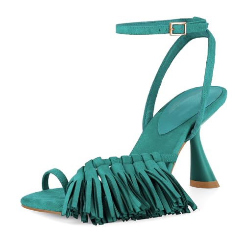 Richealnana Womens Fringe Toe Ring Ankle Strap Sandals Square Toe Tassel Shoes For Party Prom Buckle High Heel Teal US 8