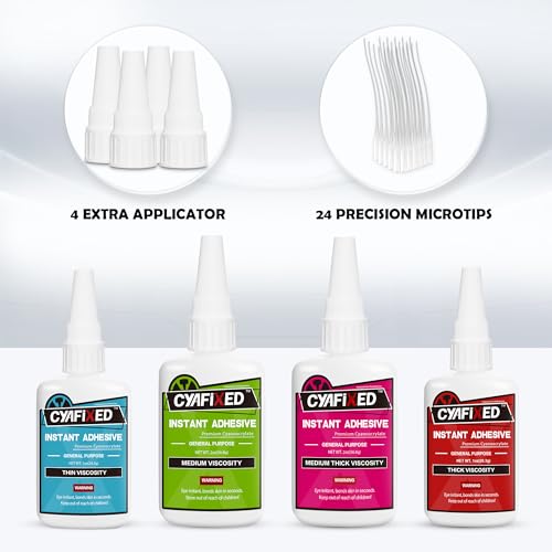 Image of Super Glue Kit, 6 oz CA Glue (Thick, Medium-Thick, Medium, Thin) with Anti-Clog Caps & Microtips, Instant Clear Cyanoacrylate Adhesive for Woodworking, 3D Printing, Plastic, Ceramic, Glass