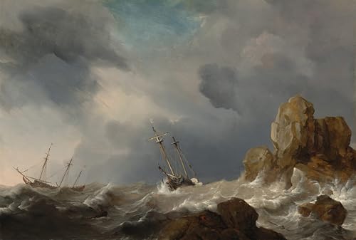 Cuadro pintura mural Barcos en un vendaval lienzo decorativo Willem Van De Velde 60x90