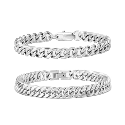 XIANNVXI Silver Stainless Steel Bracelets for Men 2Pcs Cuban Link Chain Set 7.5 Inches Waterproof Heavy Metal Jewelry Valentines Day Gifts for Him