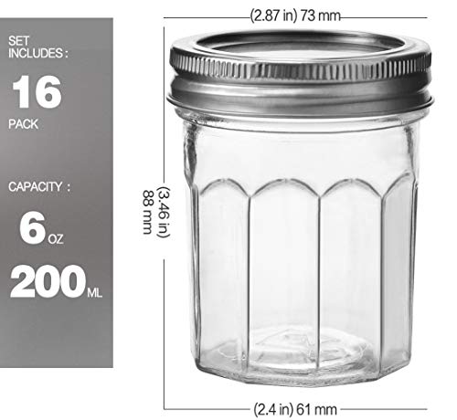 Verones Mason Jars Canning Jars, 6 Oz Pudding Jelly Jars With Regular Lids And Bands, Ideal For Jam, Honey, Wedding Favors, Shower Favors, Diy Spice Jars, 16 Pack,Extra 16 Lids #TOP1