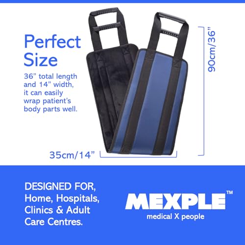 Image of LiftPro Patient Lifting Belt From MEXPLE | Patient Lifting Aid, Bed Transfer Nursing Sling Belt with 4 Handles, Safe Transfer from Bed, Sofa, Wheelchair, Car (36 inchx14 inch) - Premium Blue Color