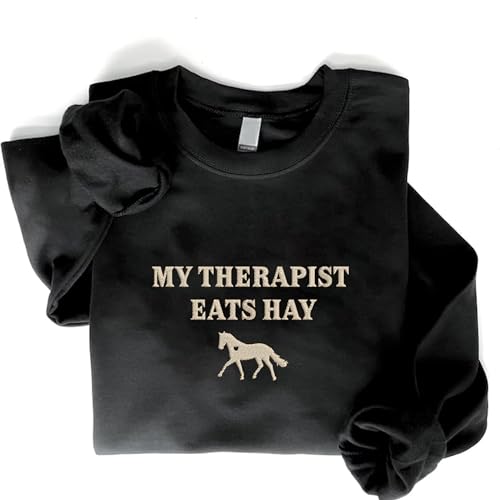 GodLover Personalized Embroidered Horse Sweatshirt, Custom My Therapist Eats Hay Sweatshirt, Custom Horse Shoe With Name On Sleeve, Horse Lover Sweatshirt, Horse Rider Gift, Horse Owner Gift, Medium2