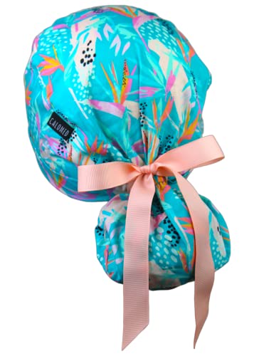 Image of Scrub Cap for Women and Men, Ponytail Scrub Caps, Working Hat, Head Cover with Ribbon Ties and Buttons, Long Hair