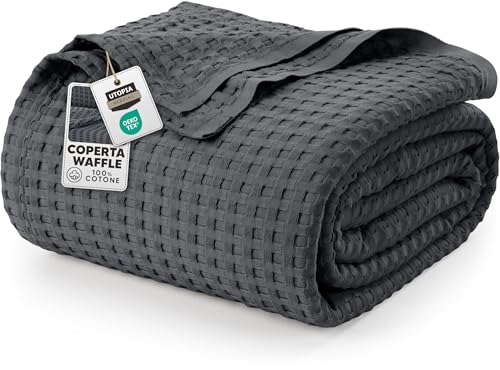 Utopia Bedding Coperta in cotone Waffle 300 GSM (carbone - 228x228 cm) Coperta da letto morbida e leggera, traspirante e di grandi dimensioni, per coprire qualsiasi letto in tutte le stagioni.