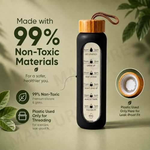 Image of Borosilicate Glass Water Bottle with Silicone Sleeve | Natural Bamboo lid | perfect for Home, Fridge, Office, Gym, Travel | BPA Free | Black