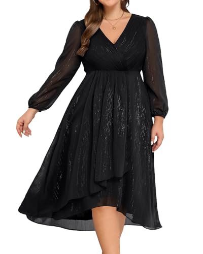 Image of Talisea Plus Size Cocktail Dress - Formal Wedding Guest Fall Long Sleeve A Line Pleated V Neck Midi Dresses for Curvy Women