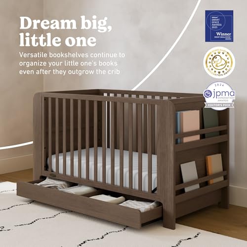 Image of Graco Read-with-Me 4-in-1 Convertible Crib with Drawer - GREENGUARD Gold Certified Converts to Toddler Bed, Daybed, and Functional Bookshelves (Hazelnut)