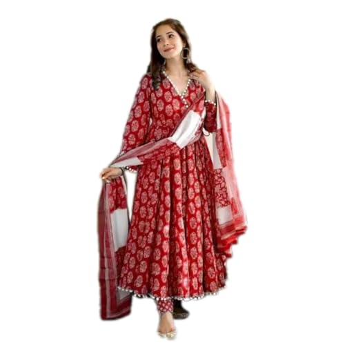 Image of Women's Rayon V-Neck 3 /4 Sleeves Printed Pom Pom Lace Angrakha Kurti Pant set with Dupatta