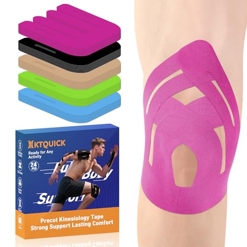 PreCut Kinesiology Tape for Knees, 24PCS Upgraded Waterproof KTQUICK Knee Tape for Knee Pain Relief Pre Cut, Original Cotton Athletic Knee Tape, Waterproof&Hypoallergenic Latex-Free for Sports (Pink)