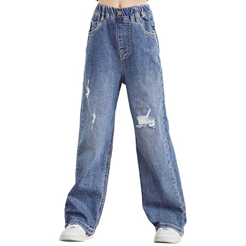 Kids Girls Casual Ripped Washed Jeans Denim Pants Wide Leg Loose Straight Baggy Trousers Distressed Bottoms