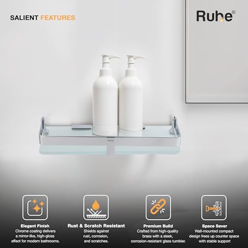 Image of Ruhe Premium Vetra Bathroom Glass Shelf | Multipurpose Wall Mounted Shelves Rack for Kitchen /Living Room - Bathroom Accessories 12 x 5 inches (Chrome Finish)