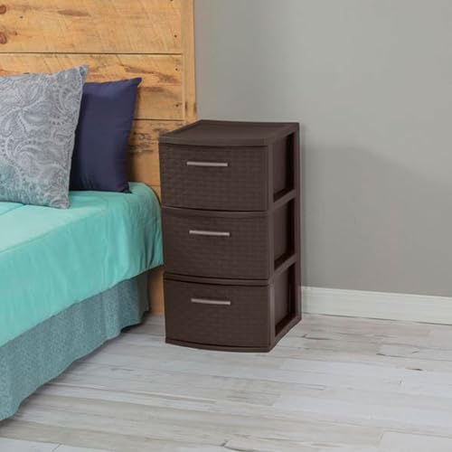 Image of Sterilite 3 Drawer Storage Tower, Plastic Decorative Weave Organizer Drawers for Dorm, Closet, Bedroom, or Craft Room Organization, 4 Pack, Espresso
