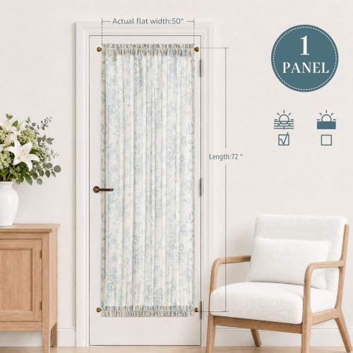 Image of jinchan Alice Floral French Door Curtain Farmhouse Linen for Sliding Glass Door 72 Inches 1 Panel with Tieback Light Filtering Curtain for Window Patio Rod Pocket Blue on Linen