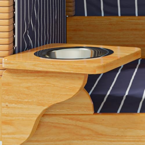 Woodtex Hundestrandkorb Kieferholz |Hundehütte inkl. Schützhülle schwenkbarer Wasser-/Futternapf|Sonnenschutz Hunde und Katzen|Rattan Braun mit Dunkelblau-weißen Nadelstreifen