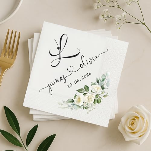 Image of Personalized Cocktail Napkins Wedding, Monogrammed Name Couple, Pack 50 100 150 300 500 Anniversary Party, Disposable Decoration Initials Beverage Bar Reception Cocktail Luncheon Dinner, Golden 3